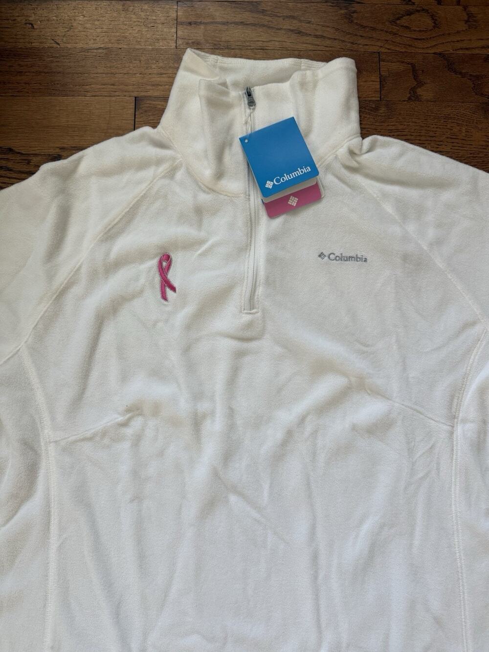 NWT Columbia Fleece Quarter Zip Pullover White Pink Ribbon Breast Cancer Sz 1X